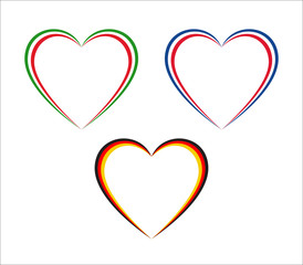 Set of three hearts in Italian, French and German colors isolated on white background