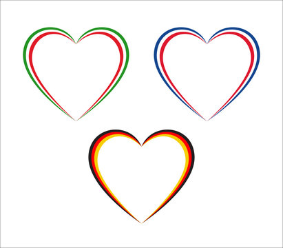 Set of three hearts in Italian, French and German colors isolated on white background