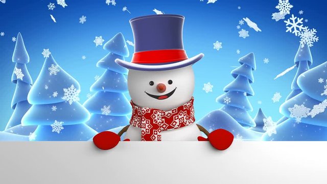 Happy Snowman in Cylinder Hat Greeting on Winter Forest Background. Beautiful 3d Cartoon Animation Green Screen Alpha Matte. Animated Greeting Card. New Year Concept. 4k Ultra HD 3840x2160.