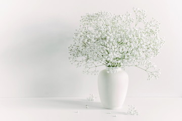 White floral background. Soft home decor, vase with white small flowers on a white background. Interior. 
