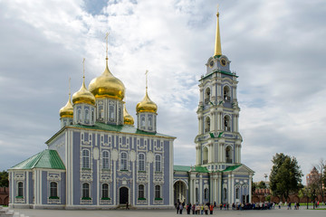Tula. Tula Kremlin. Assumption Cathedral with gilded domes and bell tower with gilded spire