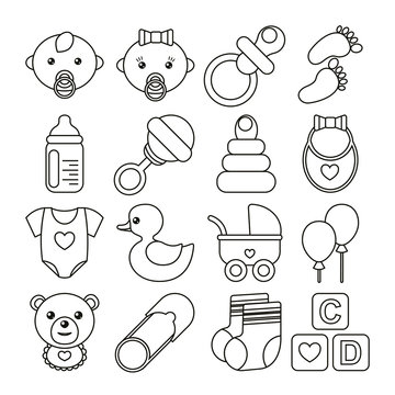 Set of baby icons in line stile. Could be used for cards, banners, patterns, wrapping paper, web
