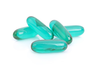 Blue Transparent pills content medicine capsule on white background.