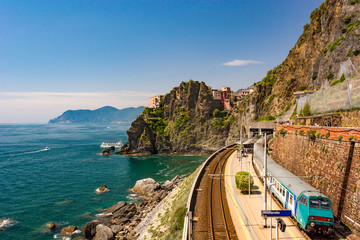 Coastal train station at picturesque seascape view.