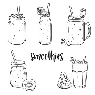 Set of hand drawn smoothies in jars, bottles and glasses with fruit ingredients