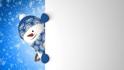 Funny Snowman in Blue Cap Greeting with Hand and Smiling on Snowfall Background. Beautiful 3d Cartoon Animation Green Screen Alpha Matte. Animated Greeting Card New Years Eve. 4k Ultra HD 3840x2160 - Powered by Adobe