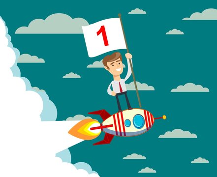 Happy businessman holding number one flag standing on rocket ship flying through starry sky. Successful Start up business concept. Vector illustration