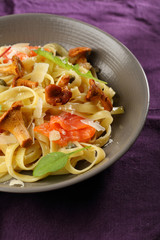 Traditional pasta with salmon and mushrooms
