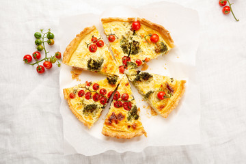 Sliced quiche pie top view