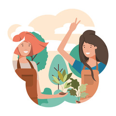 women gardeners with landscape avatar character