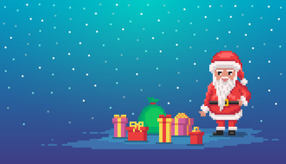 Pixel art scene with santa claus and gifts.