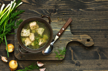 fish soup with ingredients and spices for cooking.