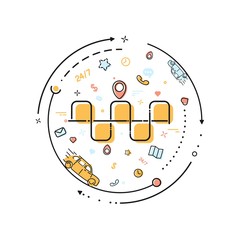 Obraz premium Taxi service vector infographic on white background. Taxicab web application isolated illustration. Cub mobile app. MBE outline transportation icons set