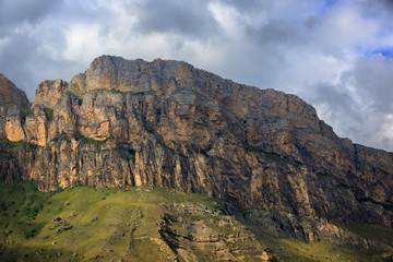 View of the mountain plateau in the clouds in the summer in the North Caucasus in Russia.
