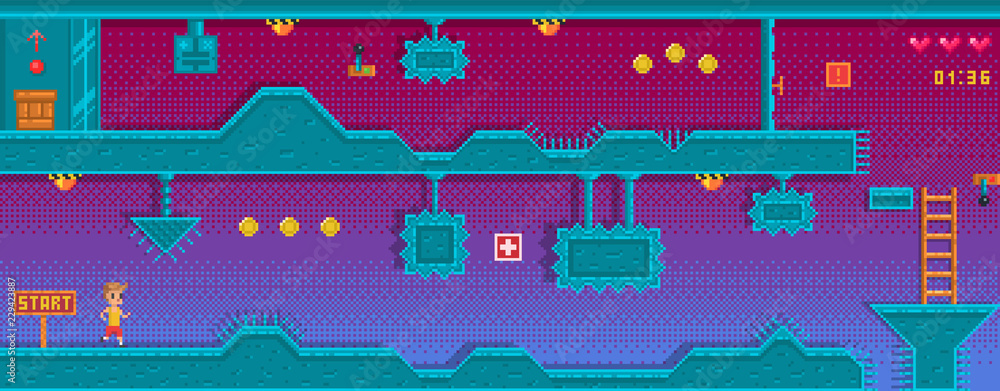 Poster pixel platformer with different obstruction. background for game application.