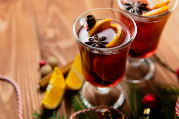 Glasses of hot spicy mulled wine