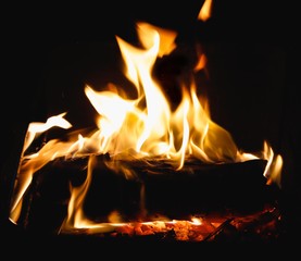 Firewood catching fire in the barbecue and lots of coal.