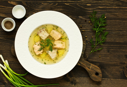fish soup with ingredients and spices for cooking.