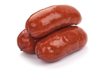 Traditional German Sausages with lettuce. Isolated on a white background, Close-up.