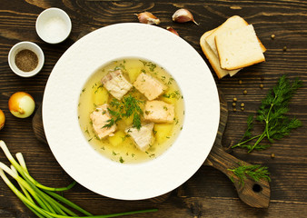 fish soup with ingredients and spices for cooking.