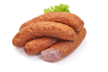 Semi-dry sausage with lettuce. Isolated on a white background. Close-up.