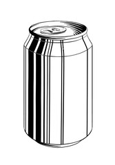 Hand drawn sketch of aluminum can in black isolated on white background. Detailed vintage style drawing, for posters, decoration and print.. Vector illustration