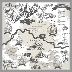 Fantasy Adventure map elements with monochrome doodle hand draw in vector illustration