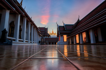 Golden Mount Temple public landmark in Bangkok,Thailand at dusk (Wat Sraket Rajavaravihara).