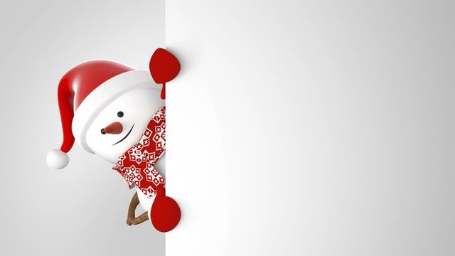 Funny Snowman in Santa Claus Cap Greeting with Hands and Smiling. Beautiful 3d Cartoon Animation Green Screen. Animated Greeting Card. Merry Christmas Concept. Last Frames Loop-able. 4k UHD 3840x2160