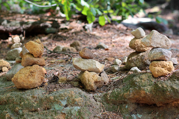 Pyramids and people of stones in the reserve Hrensko, Czech Republic. Trolls and chedo. Czech Switzerland. Bohemia. Pravcicka gate. Pravcicka brana