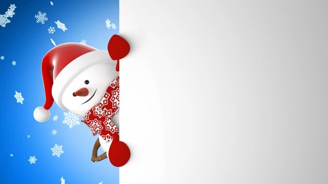 Cute Snowman in Santa Hat Greeting with Hand and Smiling Snowfall Background. Beautiful 3d Cartoon Animation Green Screen Alpha Mask. Animated Greeting Card. Christmas Concept. 4k Ultra HD 3840x2160