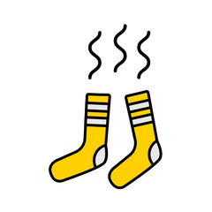 Vector illustration of dirty smelly (no fresh) yellow flat socks with white strips. White background