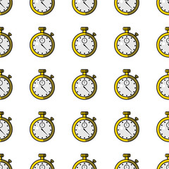 Fototapeta na wymiar Vector illustration seamless pattern with flat stopwatches. Yellow color, black outline, white background.