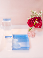 Acrylic clear cube with red flower