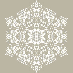 Round vector white snowflake. Abstract winter ornament. Fine snowflake