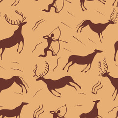 Cave drawing pattern. Ancient rock-painting stone age illustration vector