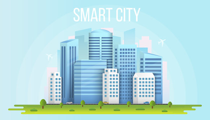 Creative vector illustration of smart city urban landscape isolated on transparent background. Art design social media communication internet network. Abstract concept buildings, skyscrapers element