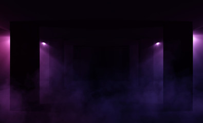 Background of an empty room with columns, parking, basement, neon light, smoke, smog