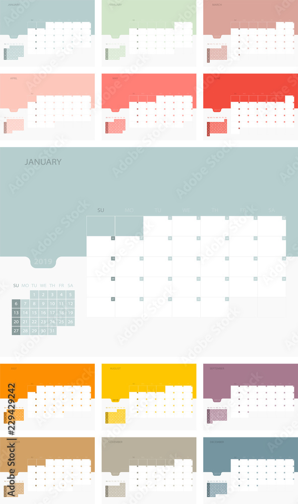 Aufkleber calendar design template for 2019 simple planner week starts on sunday. design print template with p