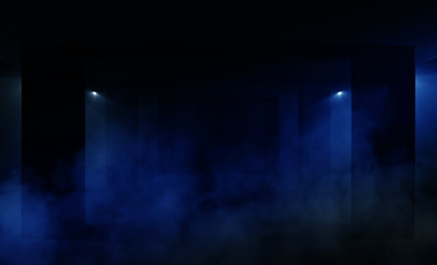 Background of an empty room with columns, parking, basement, neon light, smoke, smog