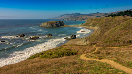 Panoramic view of the Pacific Coast from Goat Rock state park, Sonoma Coast, California, USA, on a sunny  day in the autumn 