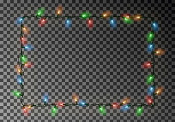 Christmas lights border vector, light string frame isolated on dark background with copy space. Tran - 229430023