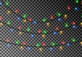 Christmas color lights string. Transparent effect decoration isolated on dark background. Realistic 