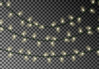 Christmas color lights string. Transparent effect decoration isolated on dark background. Realistic 