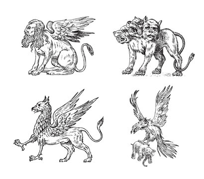 Set of Mythological animals. Cerberus Sphinx Griffin Mythical Basilisk Birds. Greek creatures. Engraved hand drawn antique old vintage sketch.