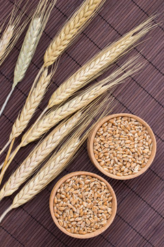 Wheat grains and spikelets of wheat on a brown background. Top view
