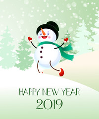 Happy New Year with and snowman banner design. Creative calligraphy with cartoon character of snowman and numbers. Snowy trees on background. Can be used for posters, banners, greetings