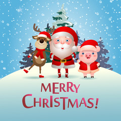 Fototapeta na wymiar Merry Christmas banner design with pig, deer and Santa Claus. Creative lettering with cartoon funny company with snowy trees on background. Can be used for banners, posters