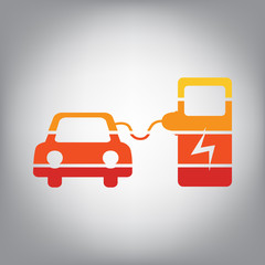 Electric car battery charging sign. Vector. Horizontally sliced icon with colors from sunny gradient in gray background. Illustration.