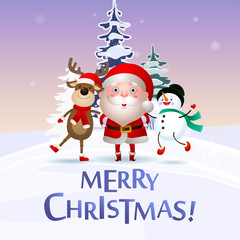 Merry Christmas poster design with snowman, deer and Santa Claus. Creative lettering with funny cartoon characters dancing. Snowy trees on background. Can be used for postcards, banners, leaflets